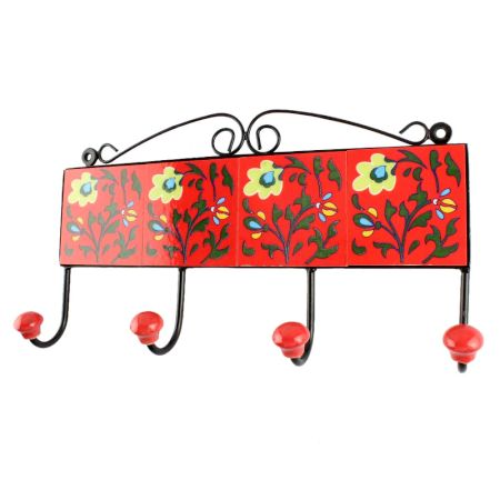 Red With Forest Green Leaf Flower Ceramic Tile Hook